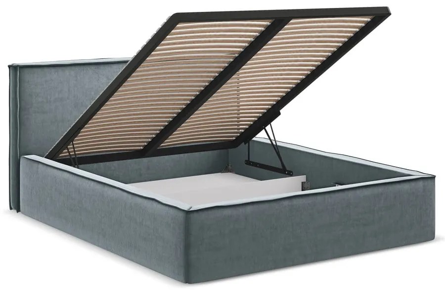 Világoskék kárpitozott ágyneműtartós franciaágy ágyráccsal 160x200 cm Anani – Makamii