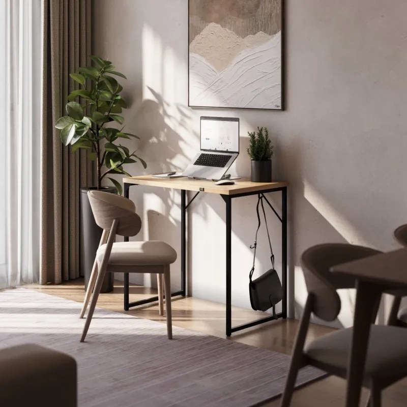 Íróasztal, acélszerkezet, kompakt méret, 80x50 cm tölgyfa