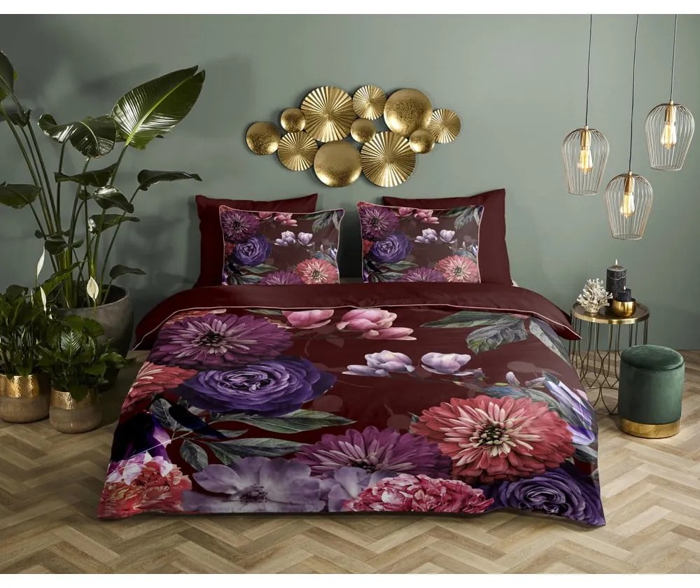 Gerbera organikus pamut egyszemélyes borvörös ágyneműhuzat, 140 x 220 cm - Descanso