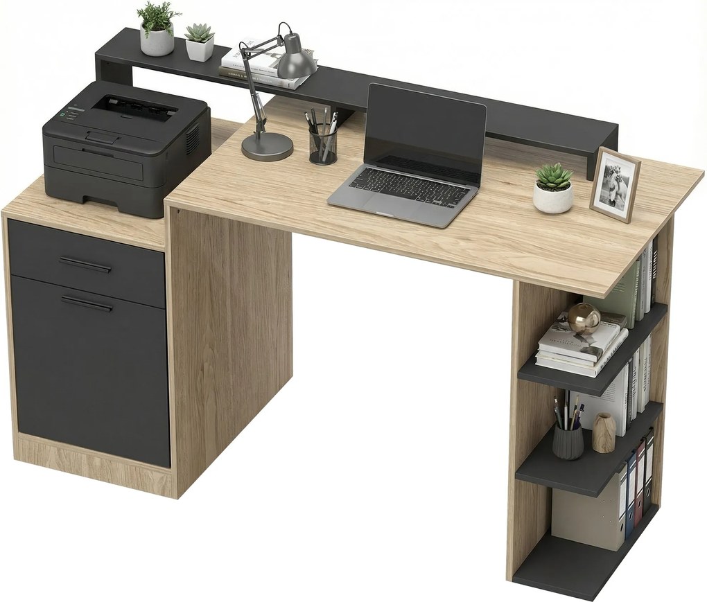 HOMCOM 140 x 60 cm számítógépasztal fiókkal, fejhallgató-tartóval, szekrénnyel és polcokkal — tölgy/fekete | Aosom