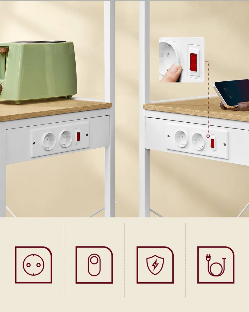 Szabadon álló 4 szintes konyhai polc konnektorokkal, arany tölgy-matt fehér