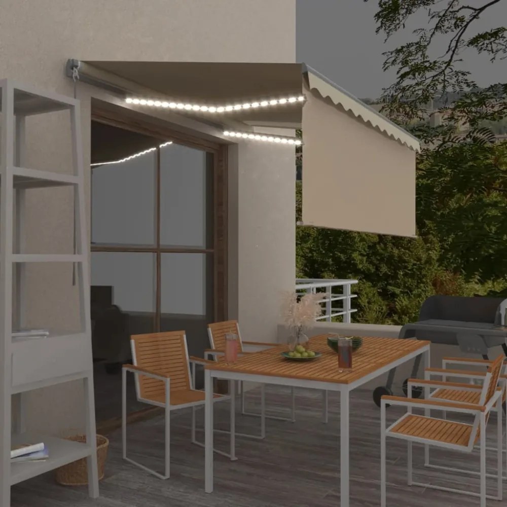 krémszínű kézzel kihúzható LED-es napellenző redőnnyel 3x2,5 m