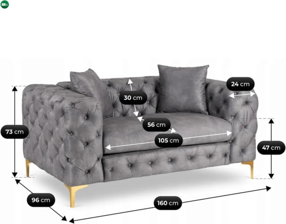 Sofa SORRENTO 2S Dwuosobowa Szara Welurowa