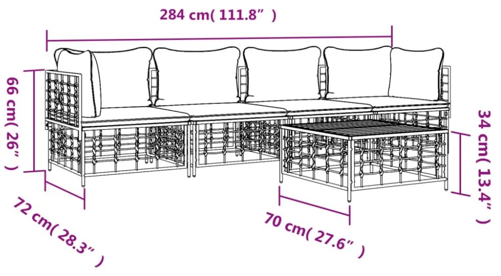 5 részes antracitszürke polyrattan kerti ülőgarnitúra párnákkal