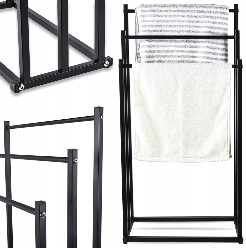 Fém Törölközőtartó Állvány Fürdőszobai Akasztó Álló 3 Részes Fekete