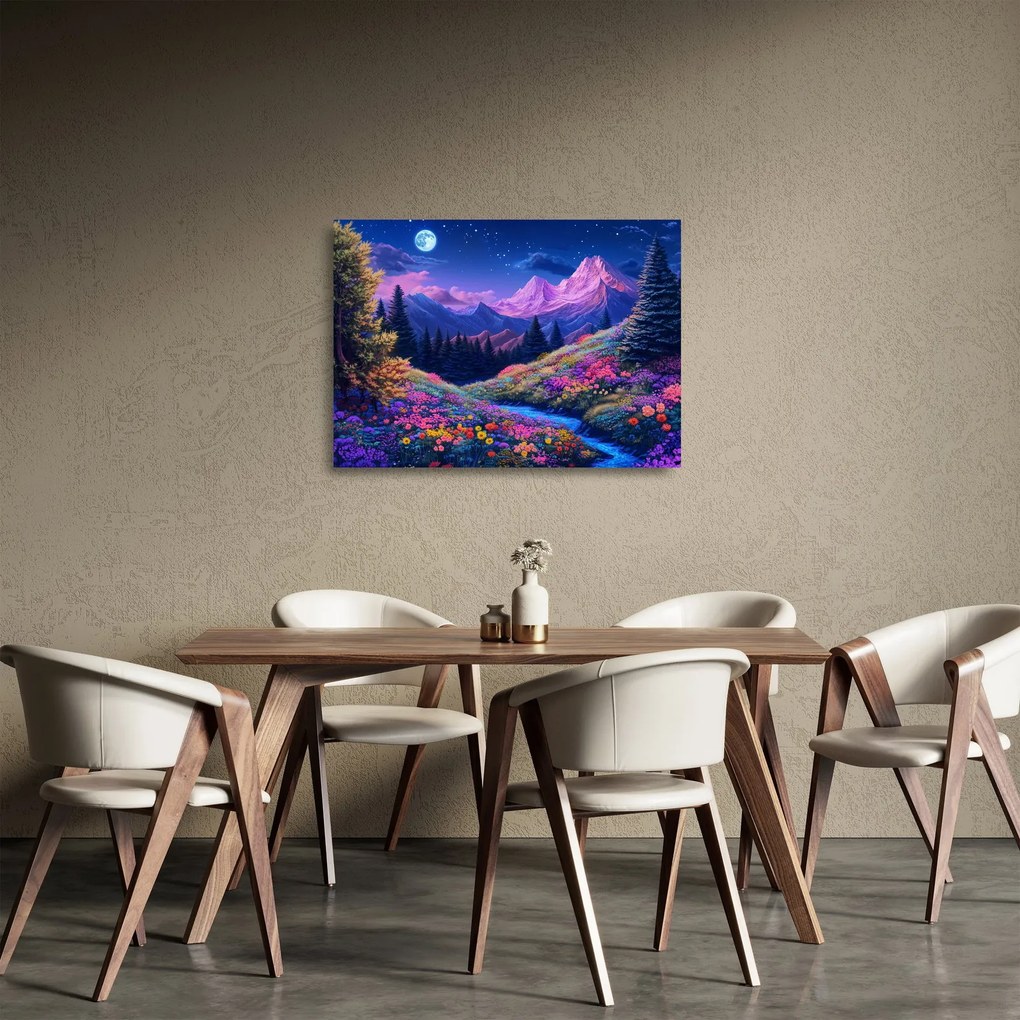 Üveg kép - Lila táj teljes holdfénynél (70x50 cm)