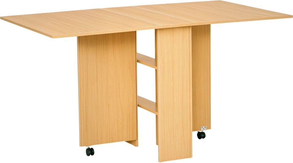 HOMCOM Összecsukható Étkezőasztal Konyhai Asztal Kerekekkel, Összecsukható Szélekkel és Polcokkal 4-6 Fő részére 80x140x74cm Természetes Fa | Aosom