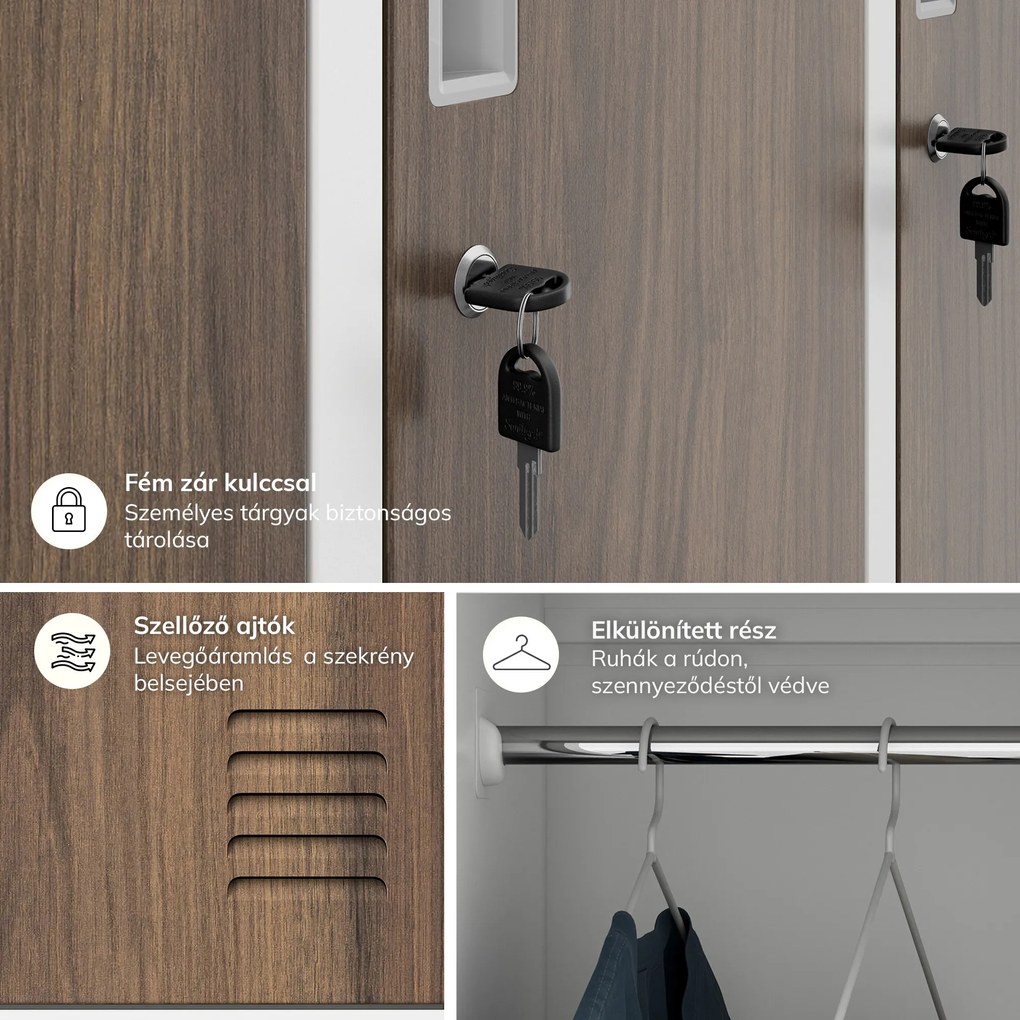 IGOR fehér / dió színű, 6 ajtós Eco Design BHP öltözőszekrény, 900 x 1850 x 450 mm