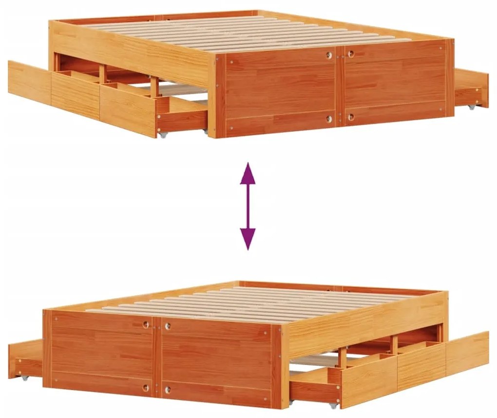 barna tömör fenyőfa fiókos ágykeret matrac nélkül 150 x 200 cm