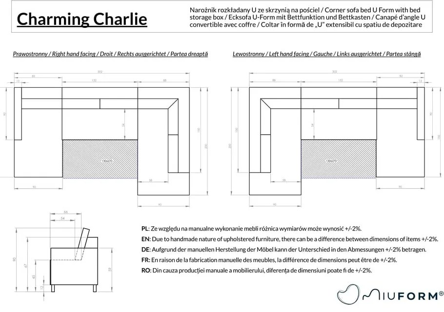 Szürke kinyitható sarokkanapé (bal oldali-U alakú) Charming Charlie – Miuform