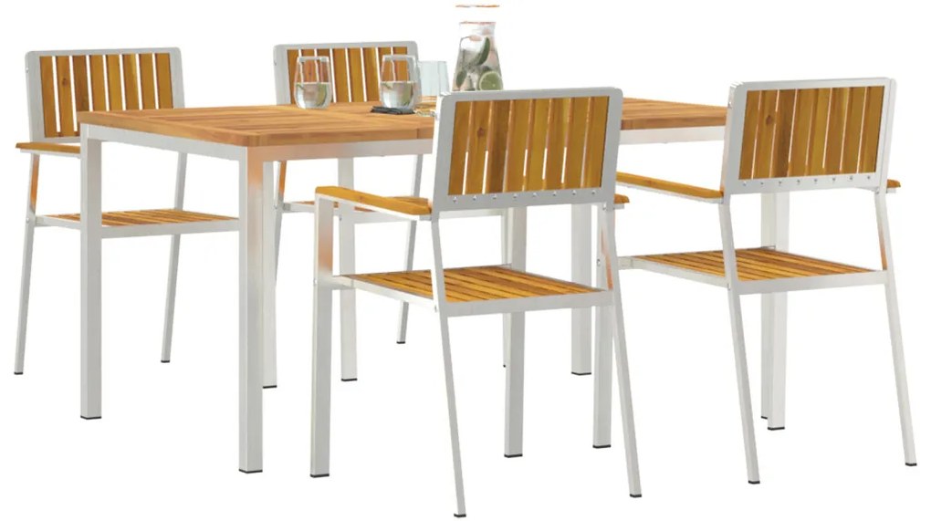5 darabos Kert Étkező Garnitúra Tömör Akácfából, Kültéri Étkezőasztal 150x90x75 cm Tömör Akácfából, Összecsukható Kert Székek 4 db Tömör Akácfából és Fém