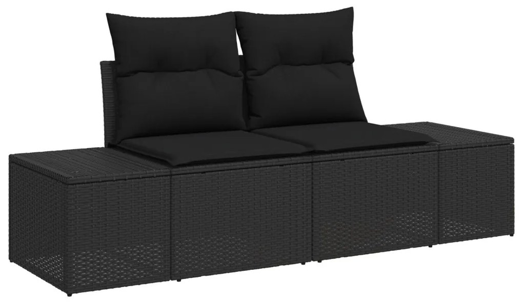 9 darabos kerti bútor szett párnákkal fekete poli rattan akácia, 2 személyes kerti kanapé párnákkal fekete poli rattan, 4 darabos kerti étkező szett párnákkal fekete poli rattan akácia