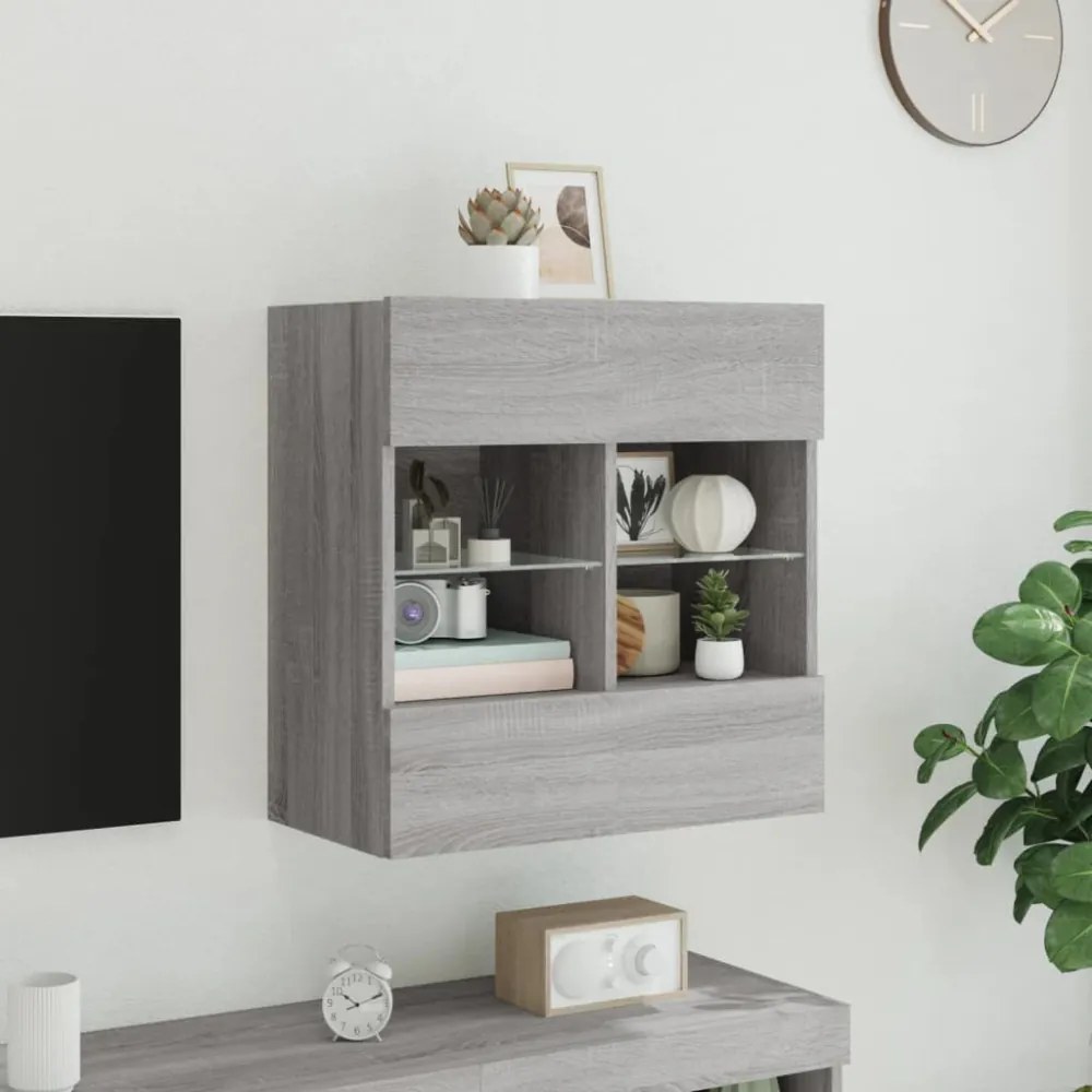 szürke sonoma színű fali TV-szekrény LED-ekkel 58,5x30x60,5 cm