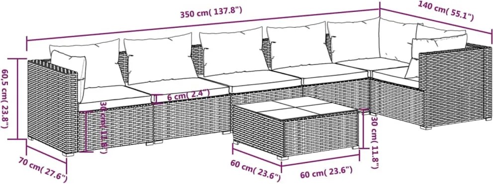 7 részes barna polyrattan kerti ülőgarnitúra párnákkal