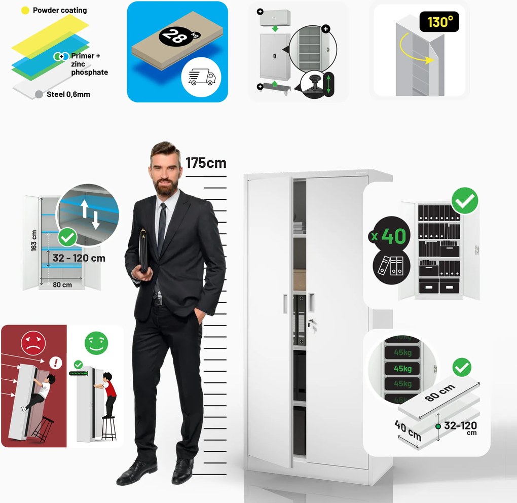 Fém öltözőszekrény JAN Compact 1750 x 800 x 400 mm, fehér