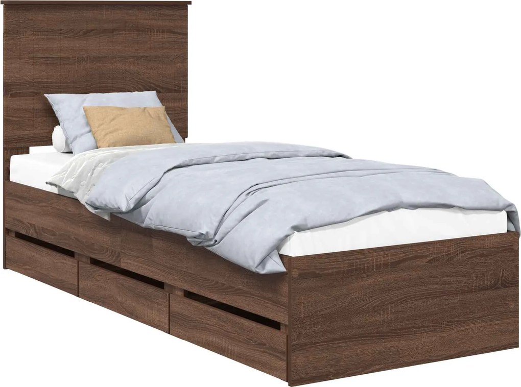 vidaXL Ágykeret fiókkal fejtámlával Barna Tölgy 75 x 190 cm Mérnöki Fa