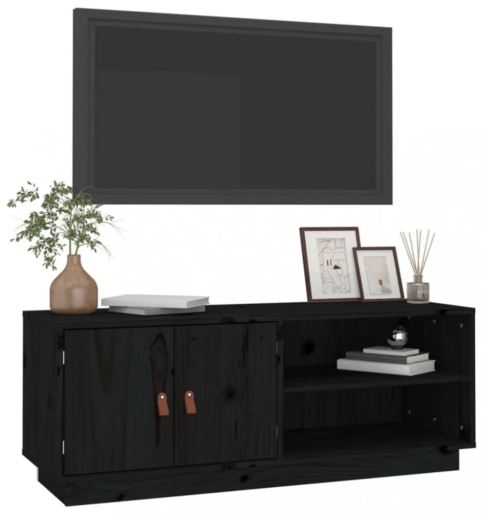 fekete tömör fenyőfa TV-szekrény 105 x 34 x 40 cm