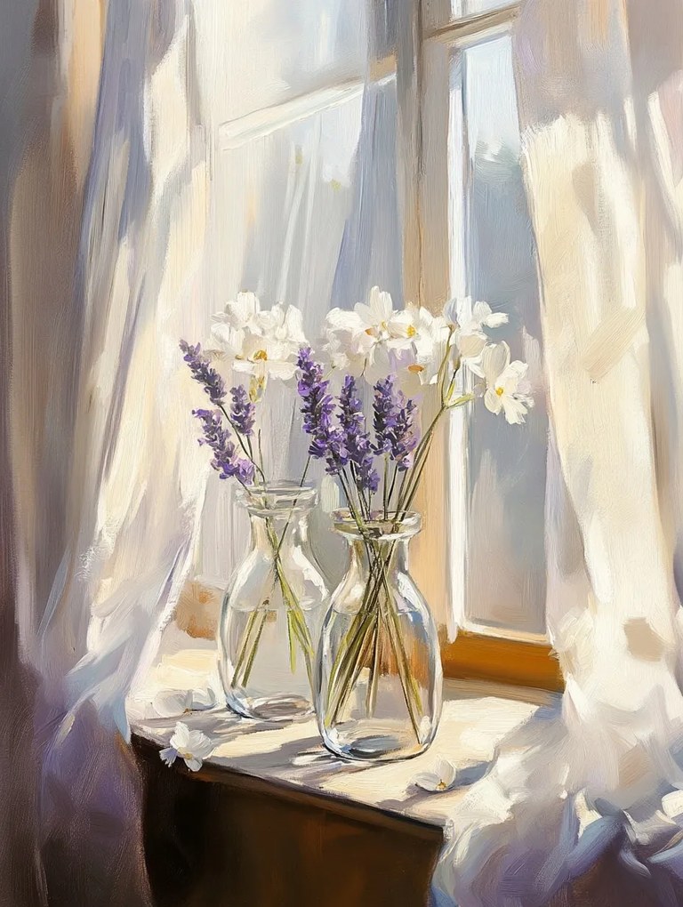 Vászonkép Canvas Dekoráció Ablak Függöny Váza Virágok Levendula 75x100