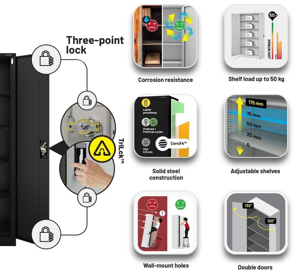 Fém iratszekrény JAN H, 900 x 1950 x 400 mm, fekete