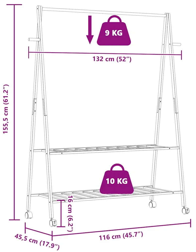 bambusz ruhaállvány polcokkal és kerekekkel 132x45,5x155,5 cm