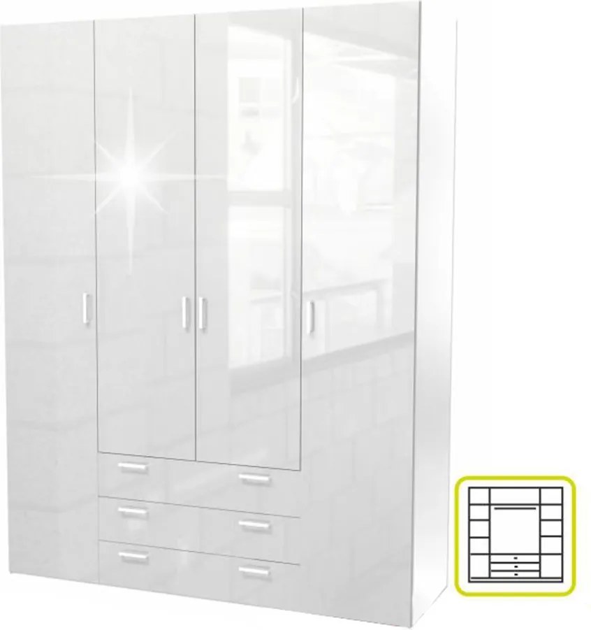 szekrény, 4 - ajtós, fehér extra magasfényű, GWEN 70429