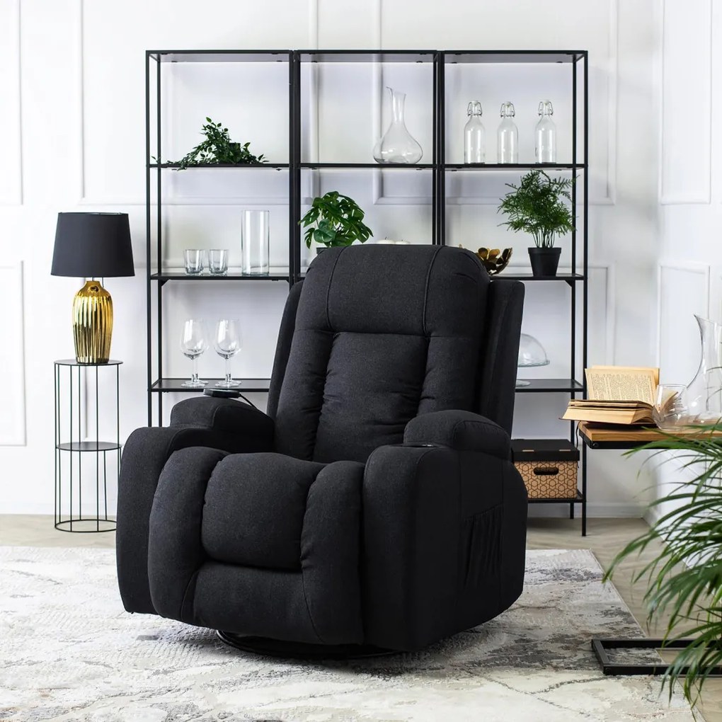 Elektromosan Vezérelhető Masszázsfunkciós Relaxfotel Fekete Szövet Kárpittal. BOX 2