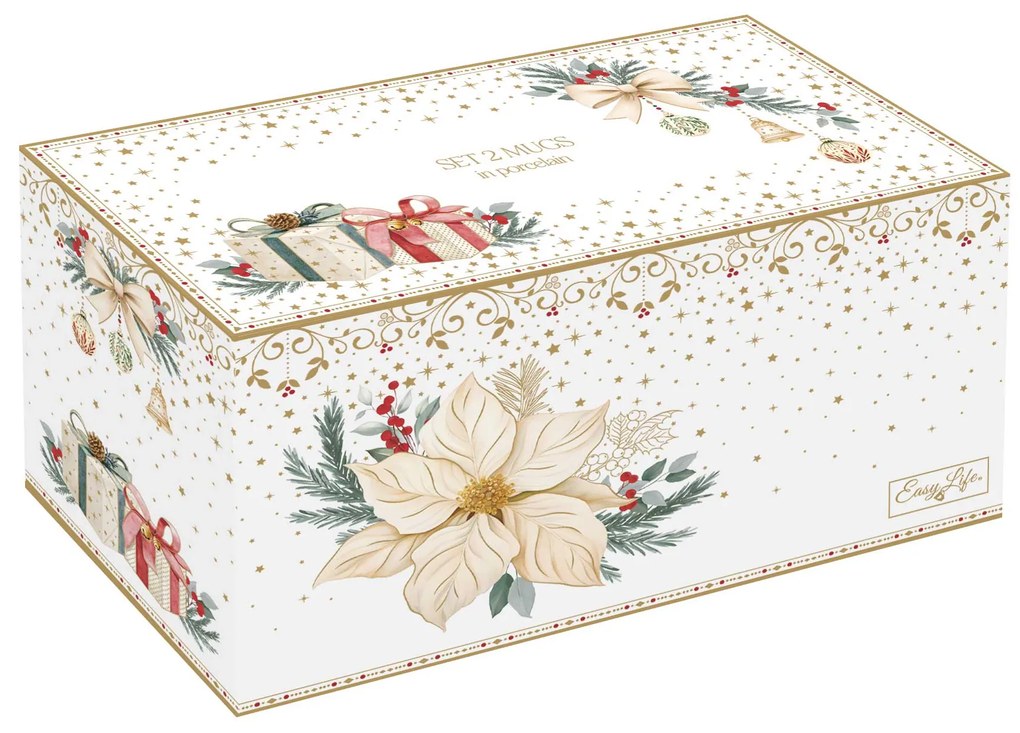 Karácsonyi porcelán bögre 2 személyes szett díszdobozban fehér arany mikulásvirág White Elegance
