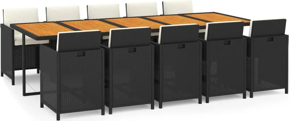 vidaXL 11 részes fekete polyrattan kerti étkezőgarnitúra párnákkal