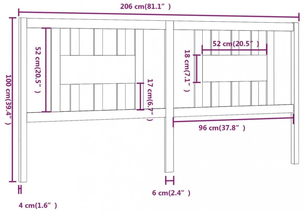 fekete tömör fenyőfa fejtámla 206 x 4 x 100 cm