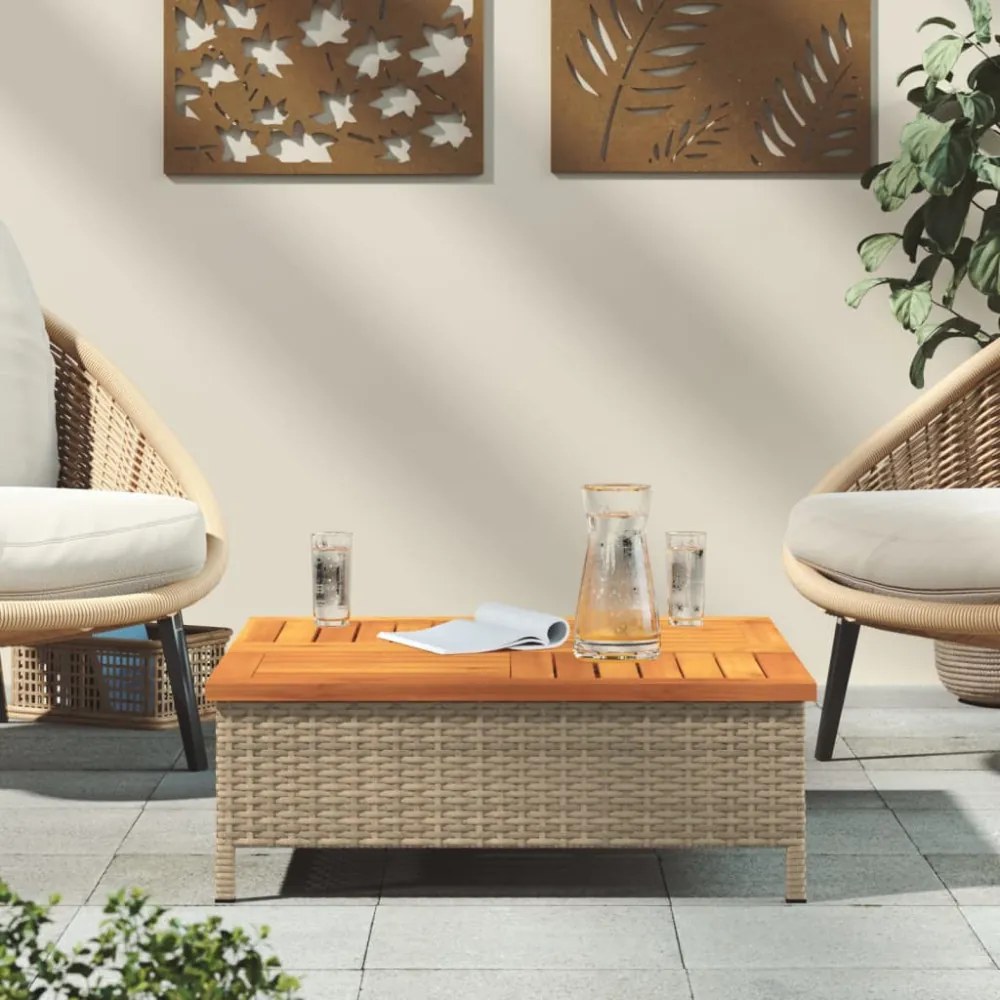 bézs polyrattan és akácfa kerti asztal 70 x 70 x 25 cm