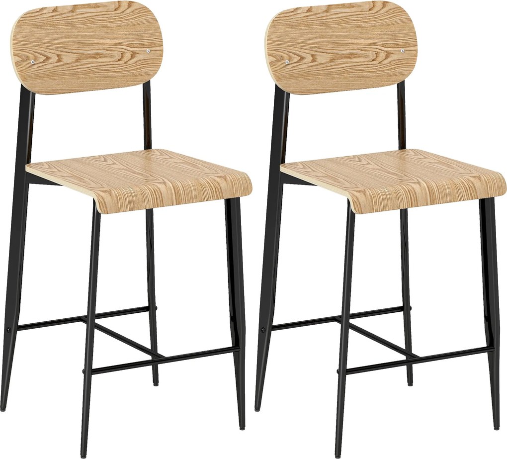 HOMCOM 2 db Bárszék Szett, Bárszék lábtartóval, Fém Keret, Konyhai Szék 66 cm Ülèsmagassággal, Pultszék Könnyű Összeszerelés, Ipari Design Természetes