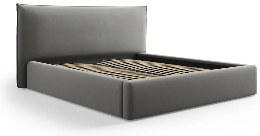 Szürke kárpitozott ágyneműtartós franciaágy ágyráccsal 140x200 cm Elio – Milo Casa