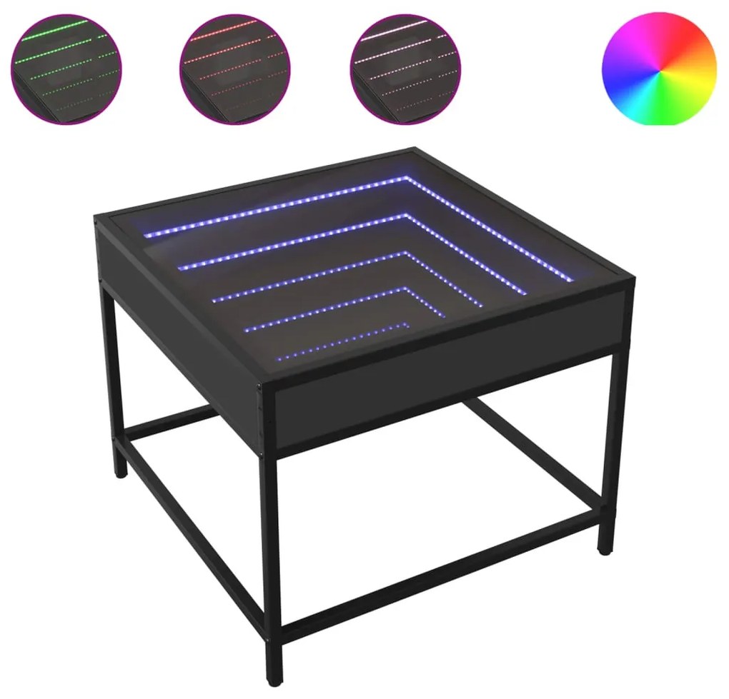 Fekete végtelen hatású LED-es dohányzóasztal 50 x 50 x 41 cm