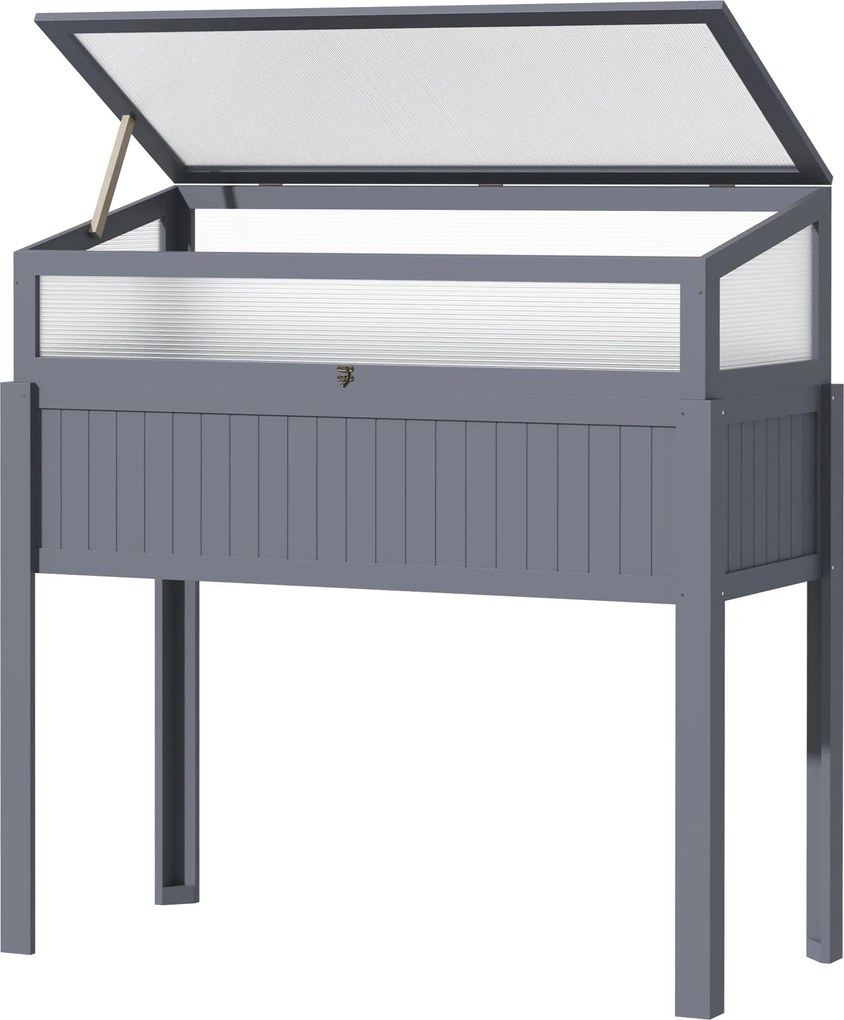 Outsunny Emelt Kerti Ágy Fa Hideg Átmenettel 2 az 1-ben Üvegház Paradicsomház Zöldségágy Fűszerágy Teraszra és Kertbe Polykarbonát Szürke 120 x 54 x 1