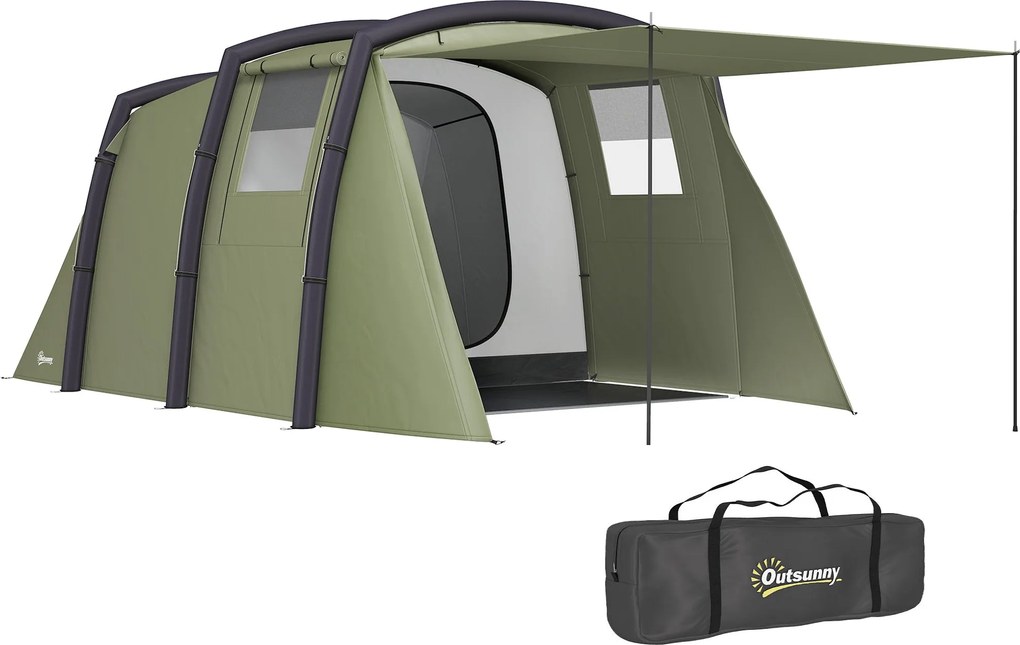 Outsunny felfújható családi alagútsátor 3–6 személy — glamping sátor előtetővel, hálós ablakokkal, hordtáskával, UPF50+, vízálló | Aosom