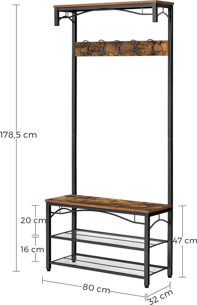 Előszobafal cipőpaddal, 5 dupla akasztóval és 2 fémhálós cipőpolccal, 80 x 32 x 178,5 cm, rusztikus barna/fekete
