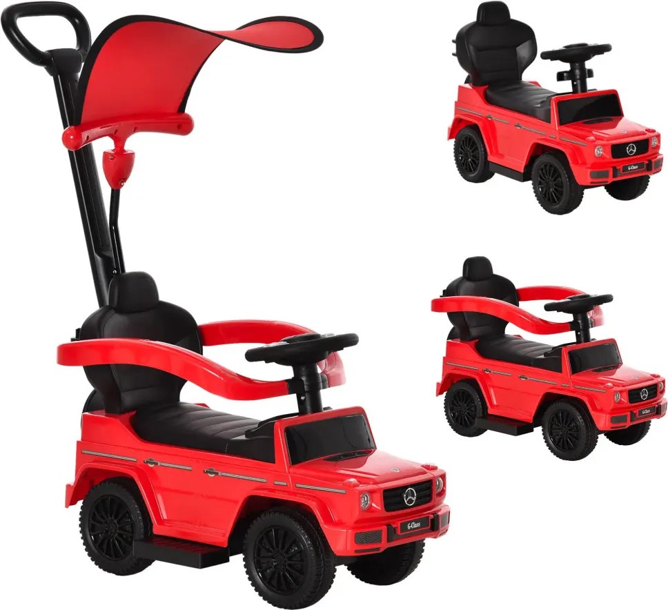 HOMCOM Ride-on autó tolókarral Mercedes-Benz G350 Ride-on jármű kormánykerékkel 3 az 1-ben tolható autó, piros