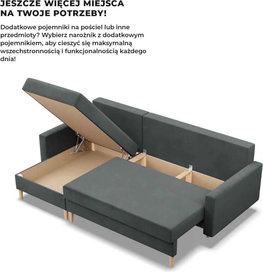 Etna sarokkanapé, 1 ágyneműtartóval, bársony, univerzális oldal, bonell töltet, szürke
