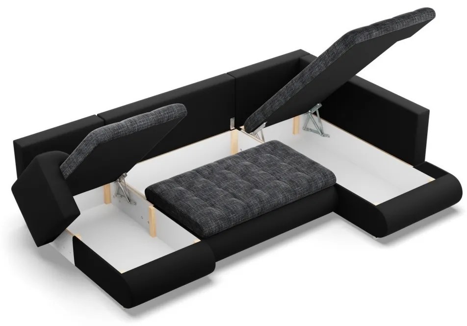 Tokio U sarokkanapé, 3 ágyneműtartóval, fonott + műbőr, jobboldali, szürke - fekete
