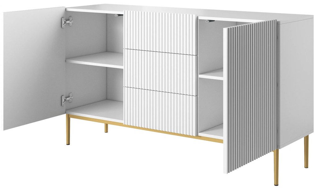 Nicole komód 150 cm fiókos, bordázott előlap - matt fehér / arany lábak