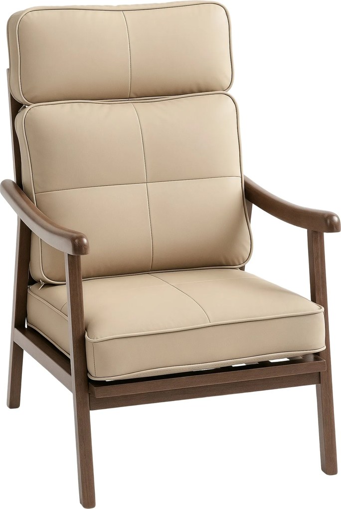 HOMCOM PU kárpitozott karosszék fa kerettel, vastag párnákkal, 150 kg terhelhetőségű olvasószék a nappaliba és hálószobába, khaki és dió színben | Aos