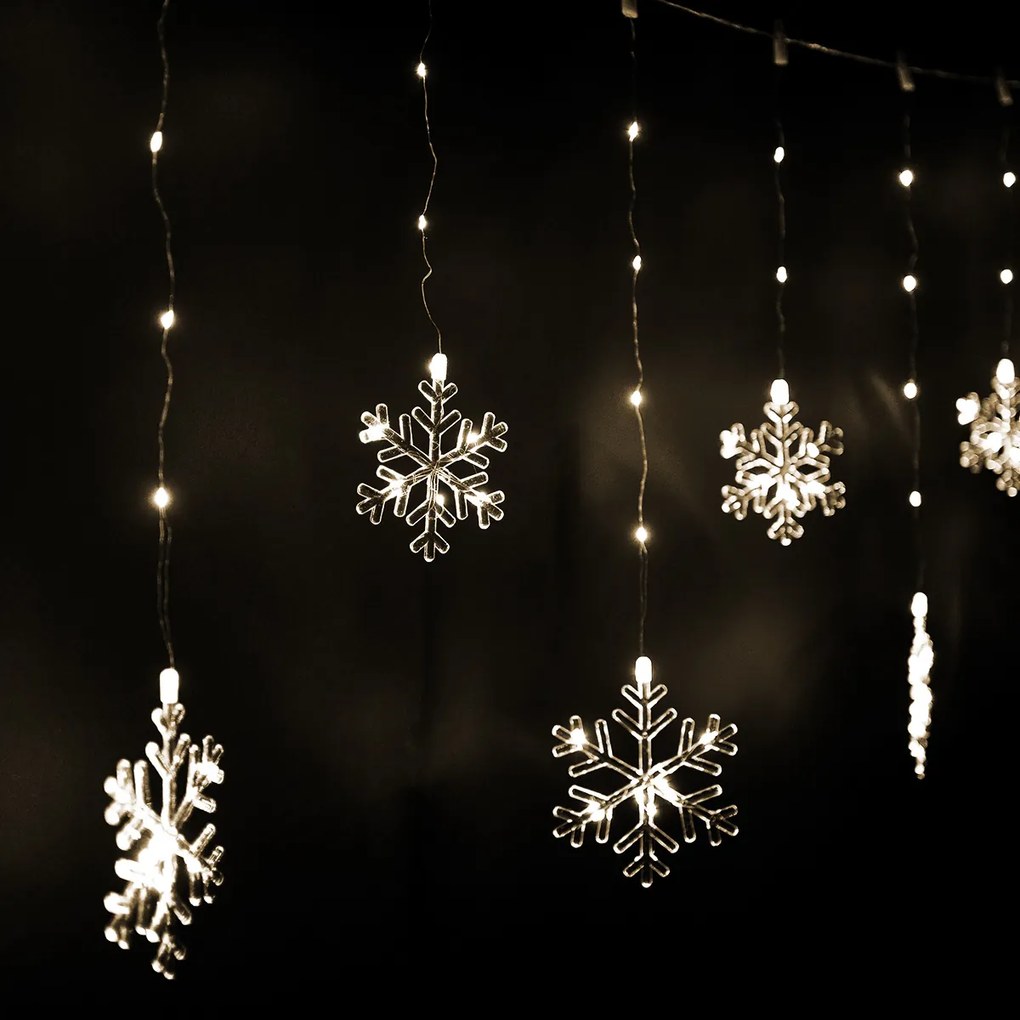 Kültéri fényfüzér Snowflakes, 200x60cm, LED, melegfehér, időzítő, 8 funkció, elemes, 200 cm