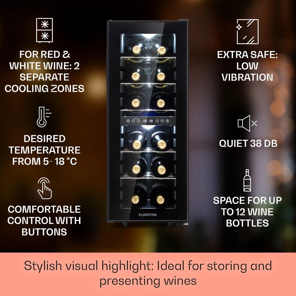 Klarstein Shiraz 12 Duo borhűtő, 42 liter, 12 palack, 2 zóna, 5-12 / 12-18 °C, érintős