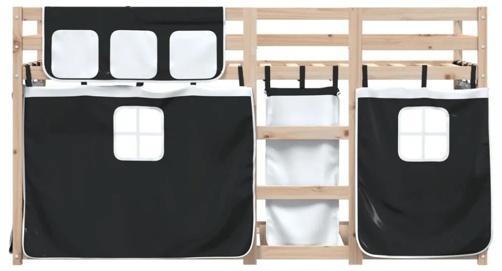 fehér/fekete tömör fenyőfa emeletes ágy függönyökkel 90x190 cm