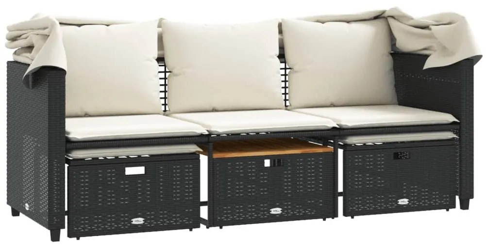 3 személyes fekete polyrattan kerti kanapé baldachinnal/székkel