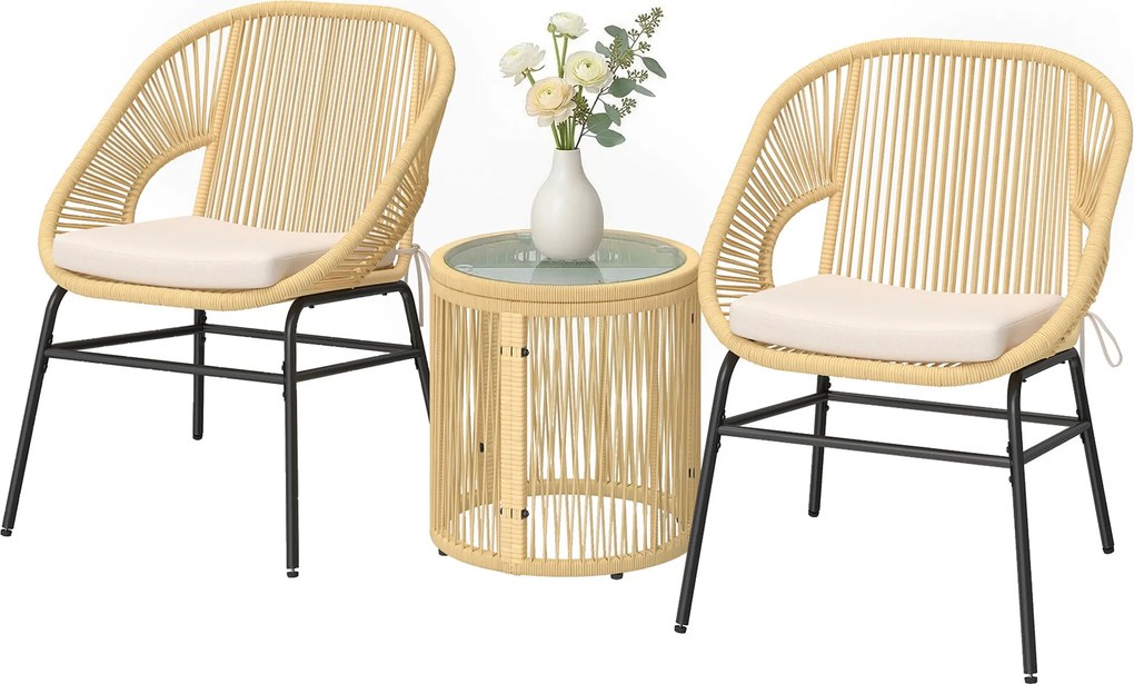 Outsunny 3 részes rattan bistro szett – 2 párnázott fotel és edzett üvegasztal, ergonomikus balkon/terasz bútor, bézs | Aosom