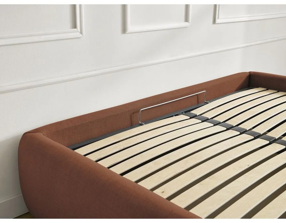 Narancssárga kárpitozott ágyneműtartós-ágytámla nélkül franciaágy ágyráccsal 160x200 cm Inera – Bobochic Paris