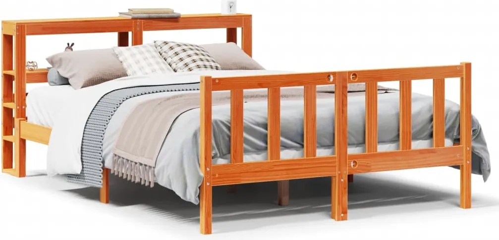 vidaXL viaszbarna tömör fenyőfa ágykeret fejtámlával 135 x 190 cm
