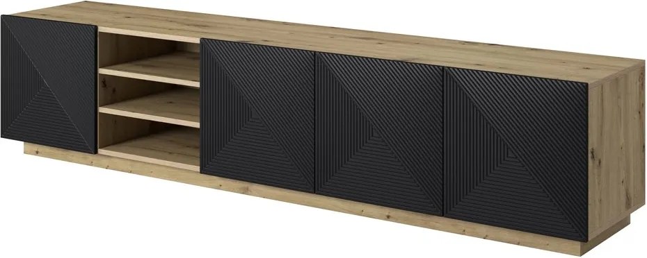 Asha TV-szekrény 200 cm, mart előlapokkal és nyitott résszel - artisan / fekete matt