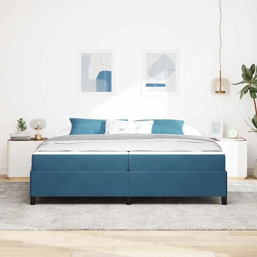 Ágykeret matracmal Sötétkék és fehér 200 x 200 cm Bársony